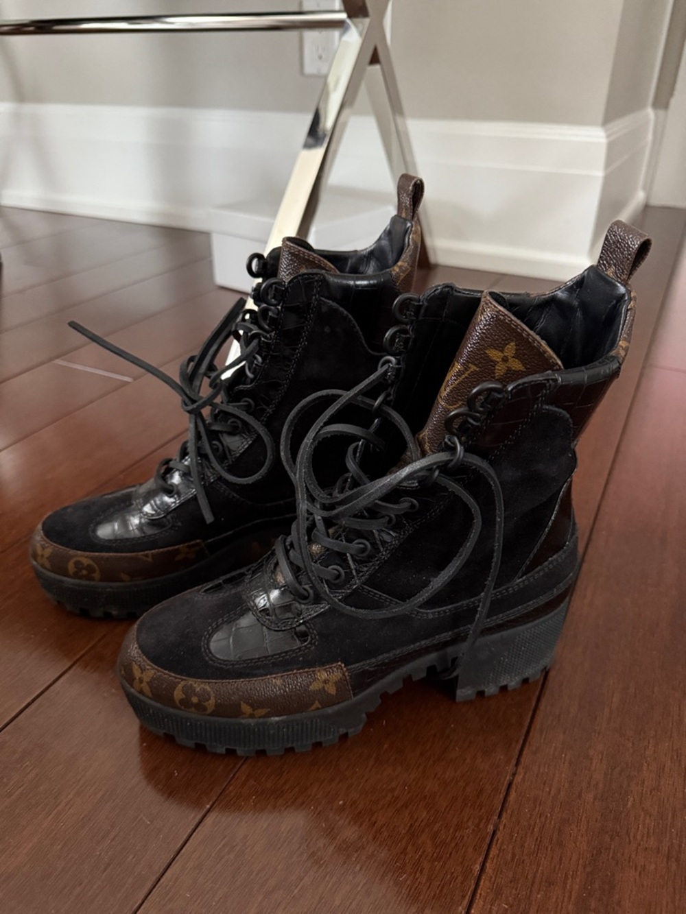 Louis Vuitton Black and Brown Lace-Up Platform Combat Boots